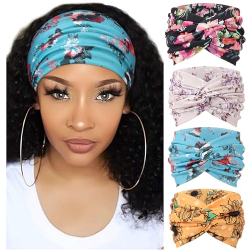 Image of DRESHOW 4 Pack Turban Headbands for Women Wide Vintage Head Wraps Knotted Cute Hair Band Accessories