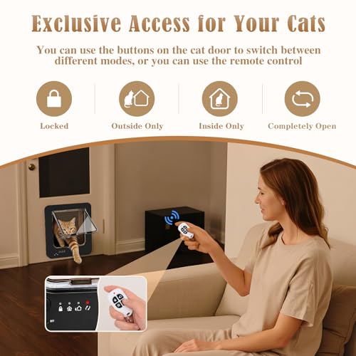Smart Cat Door for Interior & Exterior, Flap Opening is 7.67’’ (H) by 7'' (W), RFID Cat Pet Door with 3 RFID Collar Sensor Keys & 1 Remote & 4 Way Locking Cat Flap, Automatic Opening Cat Door (Black) - Image 5