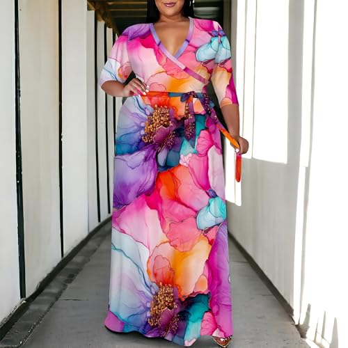 Image of SUZONANA Plus Size Maxi Dresses for Curcy Women Casual Loose 3 /4 Sleeve Long Dress with Belt
