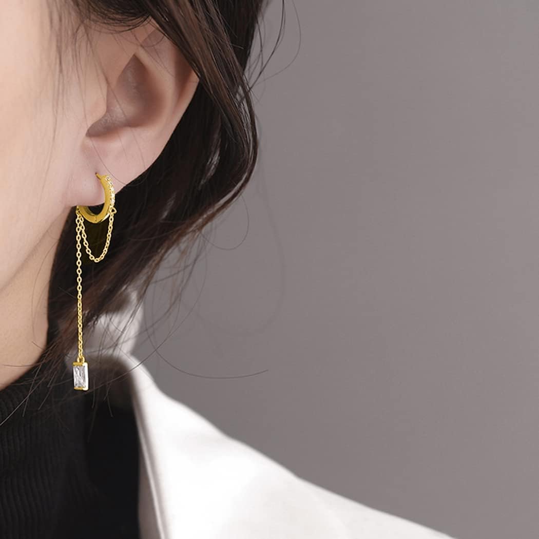 SLUYNZ Solid 925 Sterling Silver CZ Hoop Earrings Chain for Women Teens Hoop Earrings Tassel