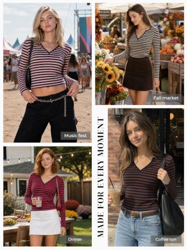 Image of Women Off Shoulder Striped Long Sleeve Top 2026 Fall Going Out Tee Shirts