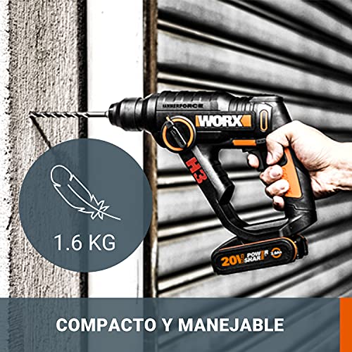 WORX WX390.1 Martillo perforador sds plus 20V-2Ah, 1,2J, velocidad variable, compacto y ligero para hormigón y mampostería, 2 baterías, cargador y maletín - imagen 3