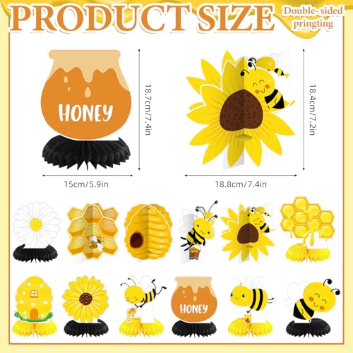Image of 12 Pcs Honey Bee Party Decoration Baby Shower Gender Reveal Centerpiece Honeycomb Beehive Centerpieces Wedding Table Decoration for Bee Day Themed Birthday Party Supplies
