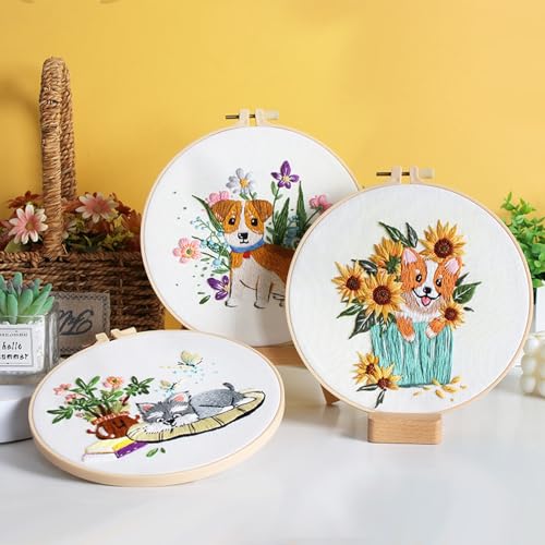 Image of GLTAYLMY Dogs Embroidery Kit for Beginners with Pattern and Instructions,3 Pack Cross Stitch Kits,1 Plastic Embroidery Hoops,Threads and Needles,Needlepoint Kit for Adults
