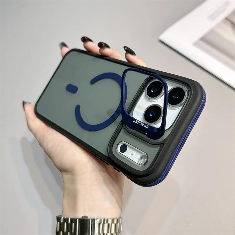 Image of LuxuryKase Smoked Clear MagSafe Case for iPhone 17 Pro | Metal Camera Guard Kickstand | Rugged Grip Edge | Hard PC Back + Soft TPU | Wireless Charging Support - Blue