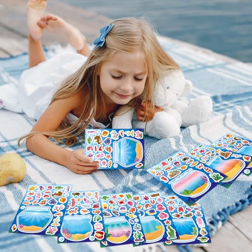 Image of Ocean Animal Stickers, Make Your Own Sea Animal Fish Tank Scene Sticker | Make a Face Sticker Sheets for Kids, Goodie Bags Stuffers, Summer Party Favors Activities