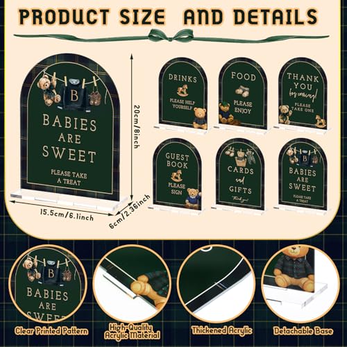 Image of Vercraft 6 Pcs Luxury Equestrian Bear Baby Shower Table Decor | 6 x 8 inch Green Blue Tartan Plaid Acrylic Signs, Take One Thank You Centerpieces, Gender Reveal Party Decor
