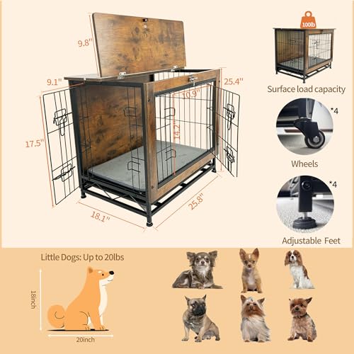 Dog Crate Wooden Dog Crates,Dog Crate Furniture for Small Dogs, Decorative Wooden Dog Kennel Cage House Indoor with Tray Cushion Foldable Top, End Side Table,Small,25" L,Rustic Brown - Image 3