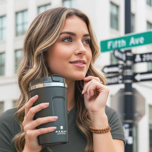 Image of Namah Insulated Coffee Travel Mug 380 ml with Lid, Leak Proof Stainless Steel Thermosteel Vacuum Insulated Mug, Hot & Cold Reusable Coffee Mug for Office, Car Cup Holder Friendly
