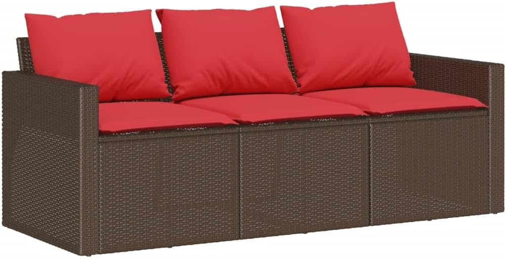 vidaXL Patio Sofa with Cushions 3-Seater - Brown Poly Rattan, Powder-Coated Steel Frame, Removable Covers, Weather-, Outdoor Furniture, 69.7" x 27.6" x 26.8"