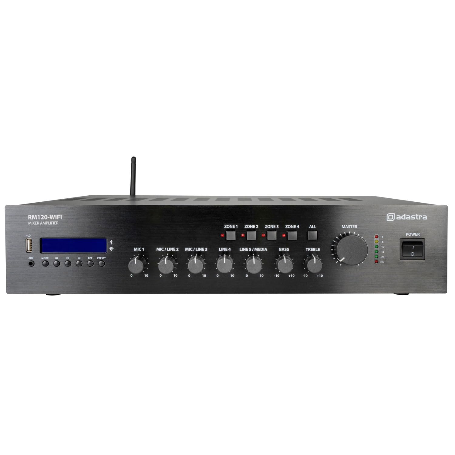 Adastra | RM-Series 100V Mixer-Amplifier 120W with WiFi & Bluetooth | 5-Channel Rack Mountable Audio System for Commercial Sound, Streaming & Multi-Zone Control