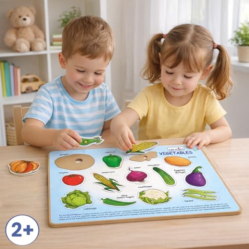 Image of Creative's Play 'N' Learn Vegetables Matching Puzzle Ages 2+ | Wooden Self-Correcting Educational Games for Toddlers & Preschool Kids | Vegetable Names, Recognition & Early Learning