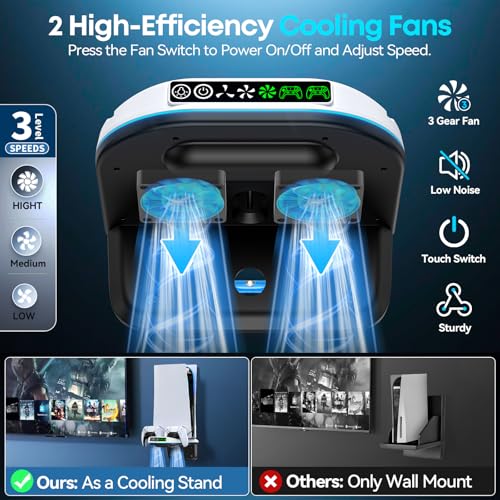 Image of PS5 Wall Mount Kit with Cooling Fan and Charging Station Compatible with PS5 / Slim /Pro Disc and Digital, PS Five Floating Shelf with 9 RGB Lights, PS 5 Mount Behind TV, Sony PSP Cables