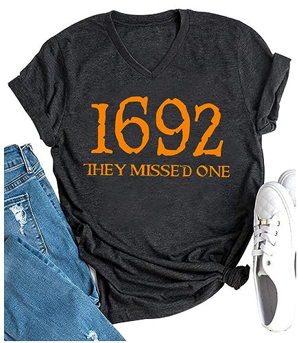 Women's Witch Shirts 1692 They Missed One Shirt Massachusetts Witch Trials Tee Shirts Spooky Season Tops(Large,1692 Dark Grey-03)