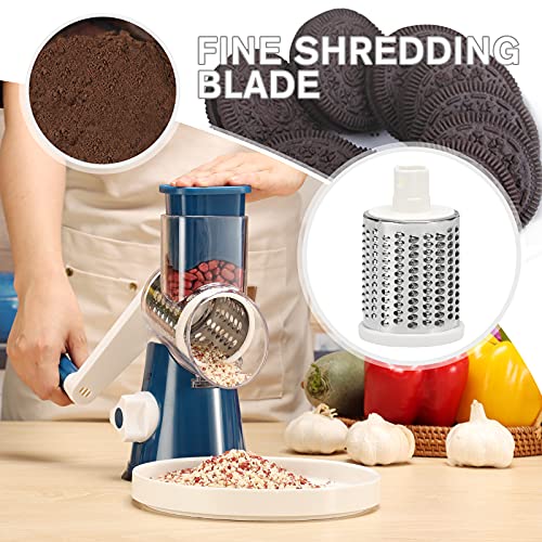 Cheese Grater Shredder Rotary Manual Vegetable Slicer 3 Interchangeable Round Stainless Steel Blades Walnut Grinder With Suction Base And Cleaning Brush Dark Blue #TOP3