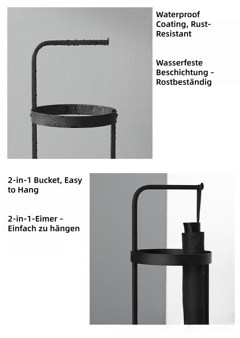 Moderner, minimalistischer schwarzer Metall-Schirmständer freistehend – 2-in-1 Nutzung – Maße 22 x 22 x 65 cm