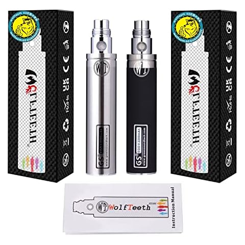 WOLFTEETH Genuine 2 Pack GS Ego II 2200mAh Huge Capacity Battery 510 E-Shisha E-Cigarette Lumia Edition(0ml Nicotine Free/Black + Stainless Steel Silver 1176011 WT) Cover