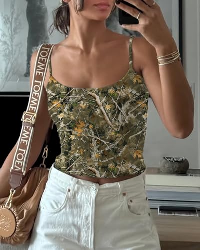 BAIGRAM Women Camo Crop Tank Top Spaghetti Strap Backless Camisole Fitted Maple Leaf Print Sleeveless Going Out Top Y2K3