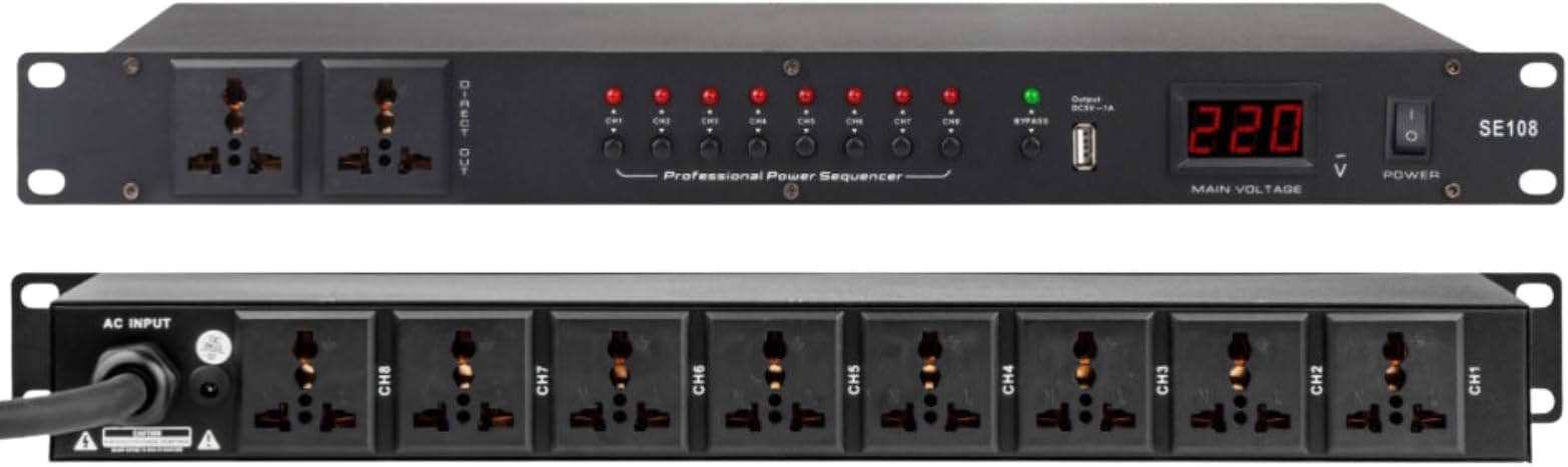 SE108 Professional 10-Outlet Power Sequencer & Conditioner – Rack Mount Surge Protector, Voltage Regulator with Delay Control, Noise Filter & LED Display for Studio, DJ & PA Systems