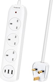 PARTH 2M Extension Lead with USB C Slots QC 3.0 | 13A UK Plug Extension | 3 USB UK Plugs Sockets | 3 Way Outlets Socket Extension with Cable Power Cord Fuse Protector & Shutter (Max 3250w)