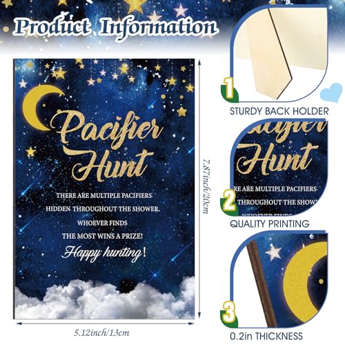Image of Thyle 51 Pcs Over The Moon Pacifier Hunt Baby Shower Games Include Navy Blue Starry Night Hunt Sign and Acrylic Pacifiers Moon Theme Baby Shower Game Decoration Gift Sets for Gender Reveal Party Decor