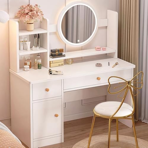 Tocador De Maquillaje Con Luz LED Y Taburete - Vanity Blanca Moderna Con 7 Cajones Y 6 Estantes, 40x100x140 Cm