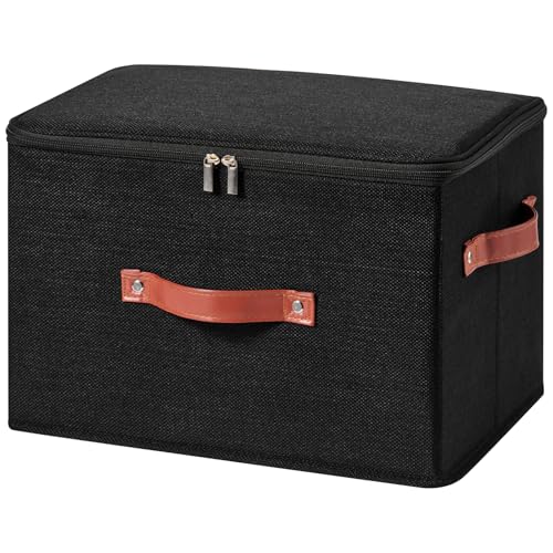 Image of Storage Bin Box with Zippered Lid Cotton Linen Fabric Decorative Basket with PU Leather Handles PP Plastic Board Foldable Lidded Clothing Shelf Closet Organizer Container (Black, Large)