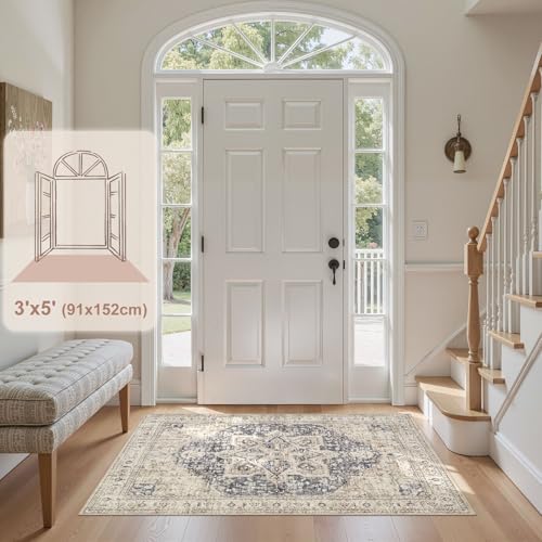 Tortania Area Rug Living Room Rugs - 3x5 Washable Rug Vintage Oriental Distressed Farmhouse Small Thin Indoor Carpet for Living Room Bedroom Under Dining Table Home Office - Cream Blue