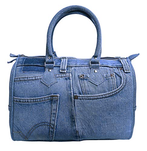Upcycled Blue Denim Bowler Handbag – Convertible Shoulder Tote with Double Top Handles, Medium Shade, BNL100
