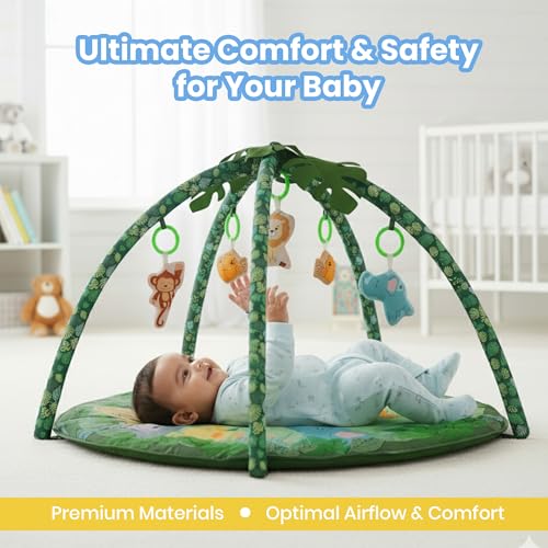 Image of ForestFun Playgym for Babies, Soft and Breathable Baby Play Mat with Hanging Crinkles, Squeaker, and Rattles, Foldable, Washable and Non-Toxic Play Gym, for Infants 2+ Months