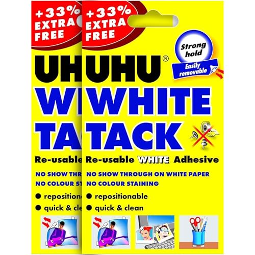 2 x UHU White Tack Reusable Adhesive Putty Strong Hold Easily Removable No Show Through on White Paper Repositionable Sticky Tack for Photo Mounting Art Crafts Decorations School Office Home