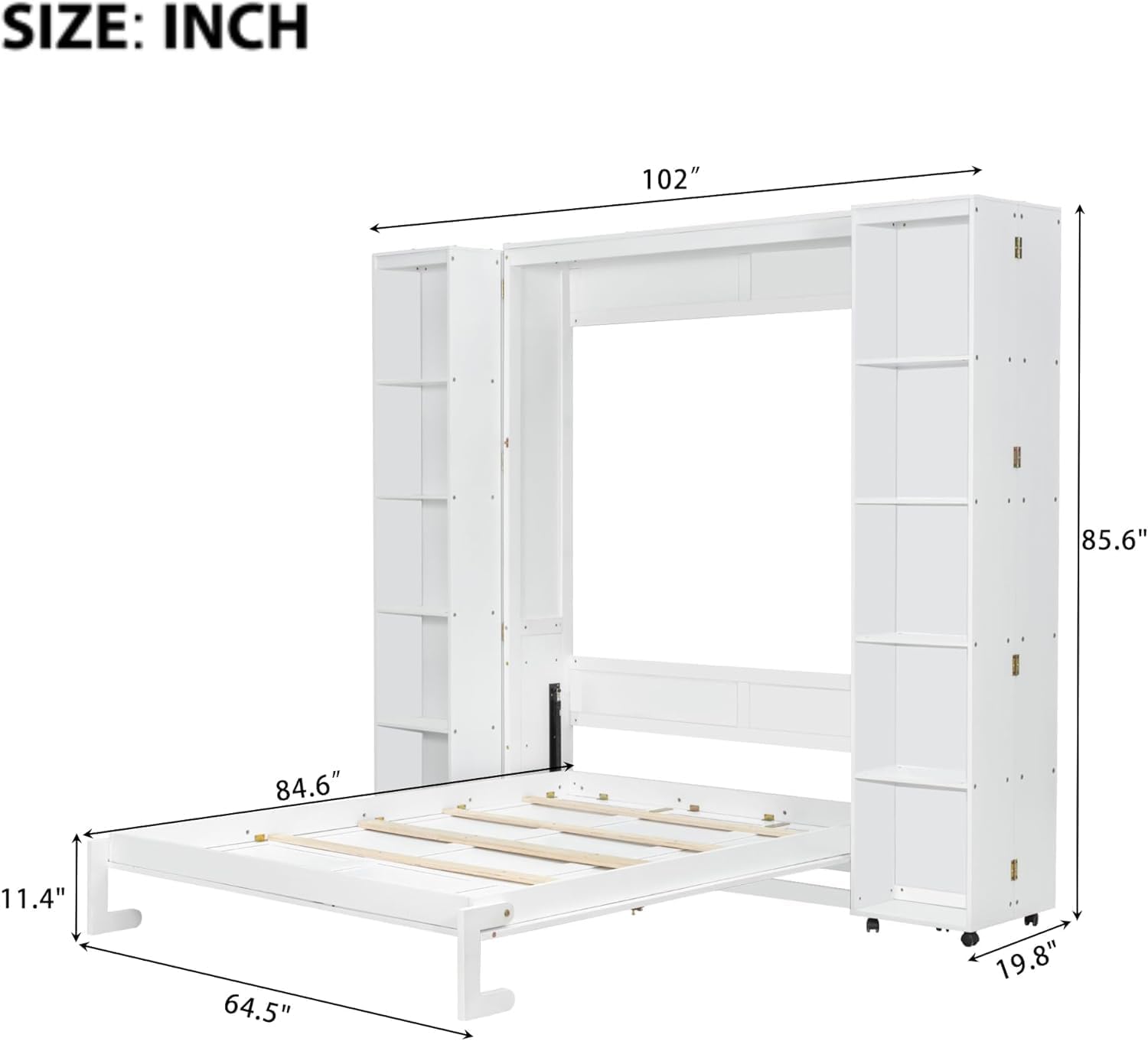 MERITLINE Queen Murphy Bed Cabinet with Storage Bookshelf Bookcase, Wood Hidden Foldable White Murphy Wall Bed with Storage Shelves for Adults