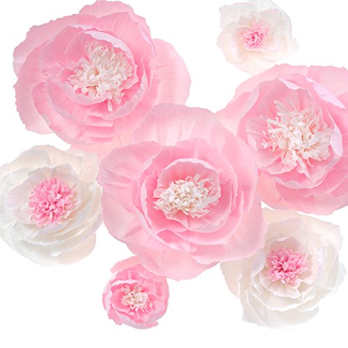 Paper Flower Decorations for Wall, Large Crepe Paper Flowers, Handcrafted Flowers for Wedding Backdrop, Baby Nursery Decor, Home Decor, Baby Showers,Nursery Wall Decor (Pink&White, 7pcs)