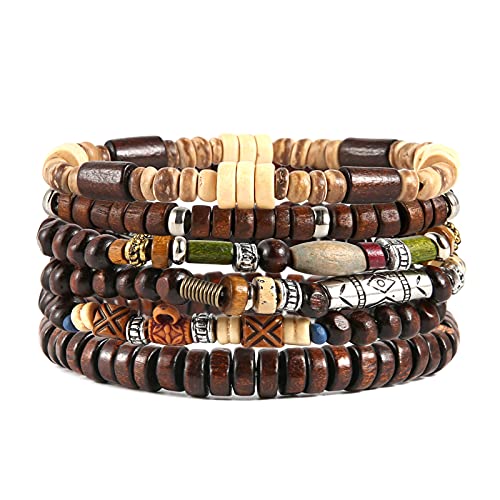 HZMAN Wrap Bracelets Men Women, Hemp Cords Wood Beads Ethnic Tribal Bracelets, Leather Wristbands (Bohemian Style)