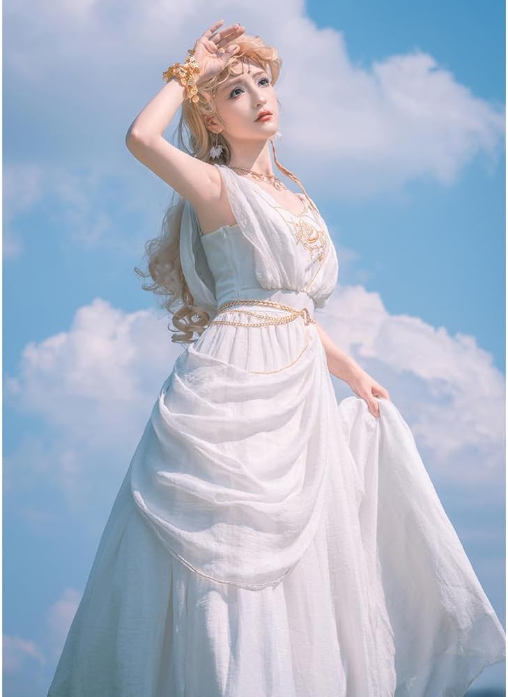 White Nordic Exotic Elegant Court Goddess Dress Spring Summer Long Dress with Waist Chain Shawl Bracelet Necklace