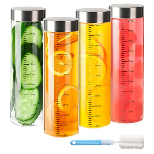 YBCPACK 4 botellas de cristal de 500 ml con tapa de metal, botellas de vidrio reutilizables para llenar con escala, botellas de zumo herméticas de cristal para agua, batidos y bebidas frías