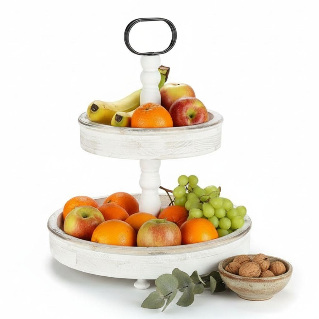 Melko Alzata per frutta a 2 ripiani, 37 x 45 cm, vintage, bianco | Per torte, dolci, frutta e finger food, veloce da montare e smontabile, per brunch, tavolo da caffè e feste