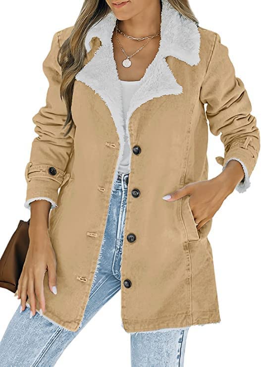 Happy SailedWomen's Lapel Sherpa Fleece Lined Denim Jacket Winter Button Down Warm Coat Outerwear S-2XL