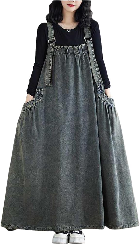 EXPOING Boho Jumper Dress for Women Loose Overall Pinafore Dresses Adjustable Straps Wide Hemline with Pockets Baggy Style