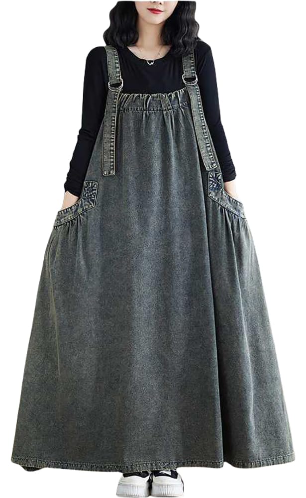 Boho Jumper Dress for Women Loose Overall Pinafore Dresses Adjustable Straps Wide Hemline with Pockets Baggy Style