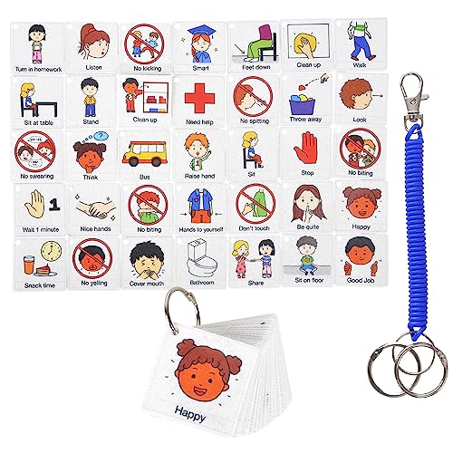 CHEFAN Autism Communication Card for Special Education, Speech Delay Nonverbal, ADHD, Visual Aid Feelings Emotions 40pcs Pocket Flash Cards for Special Need, Language Learning Cue Cards for Kids