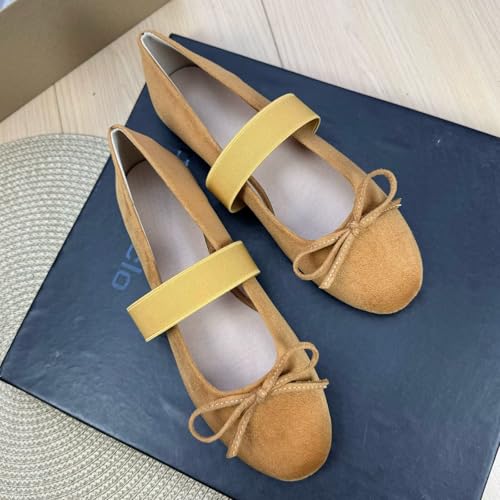 TN TANGNEST Round Toe Mary Jane Flats for Women One Step Elastic Strap Faux Suede Dressy Ballerina Flat Shoes2