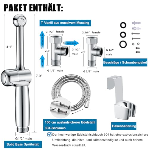Bidet Handbrause für Toilette Bidet Sprayer, Uvish 7.9 Aufsatz Duschkopf mit Einstellbarem Druck G1/2 & G3/8 Toilette Ventil, Muslimische Dusche Shattaf für WC Persönliche Hygiene,Chrom