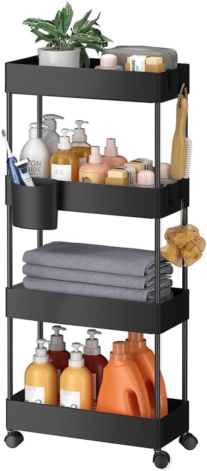 Tier Rolling Utility Cart, Movable Slim Storage Rack for Kitchen, Bathroom, Living Room - Space Saving Organizer Shelf A