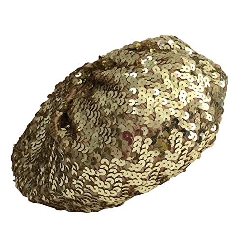 JK Home Sequin Beret Hat Sparkly Shining Beanie Cap for Women Girls Halloween Festival Party Club Fun Costume Stretch Mermaid Dancing Cap Gold