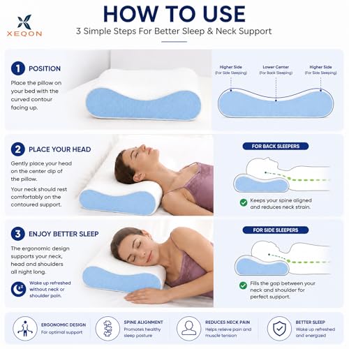 Image of Memory Foam Cervical Pillow for Neck Pain Relief Ergonomic Contour Design for Back & Side Sleepers Breathable Washable Cover Neck Support Sleeping Pillow (Sky Blue)