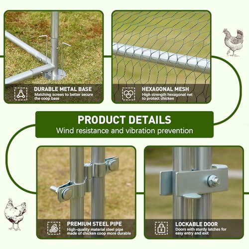Large Metal Chicken Coop with Run, Metal Chicken House Pen Walk in Poultry Cage Chicken Run Pen, Outdoor Chicken Runs for Yard with Waterproof & Anti-UV Cover