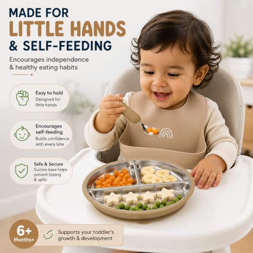 Image of Soreign Stainless Steel Kids Suction Plate with Spoon | Silicone Suction Base Baby Feeding | Non-Slip BPA Free Toddler Self Feeding Plate | Food Grade Set of 1 (Beige)