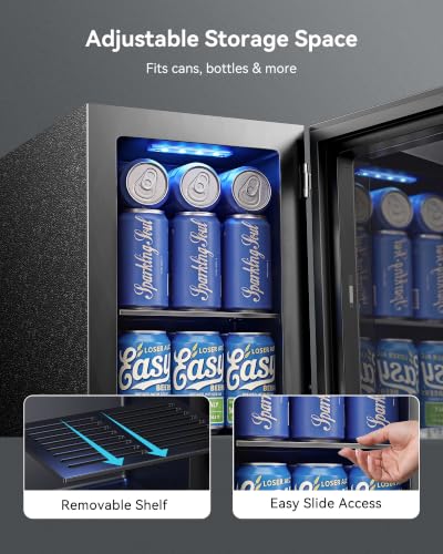 Image of 24 Can Beverage Refrigerator, Countertop Mini Fridge with Glass Door, Black | 40-61F, Compressor Cooling, Quiet Operation, 360 Air Circulation, Removable Shelf, Fits Bedroom, Office, Dorm, Home Bar