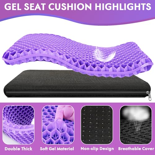 Fldofaves Cooling Gel Seat Cushion for Long Sitting,Thick & Soft & Breathable Office Chair Cushion,Pressure & Back Pain Relief Chair Cushion with Non-Slip Cover for Wheelchair,Car,Desk Purple